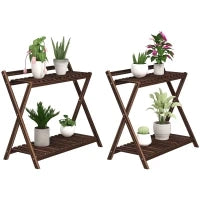 Set 2 Portapiante a 2 Livelli con Design a Doghe in Legno di Abete, 73x36x64 cm, Marrone Bruciato