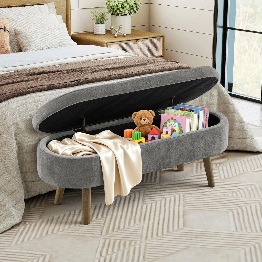 Panca contenitore in chenille grigio scuro con struttura in legno massello, 110x40x42 cm