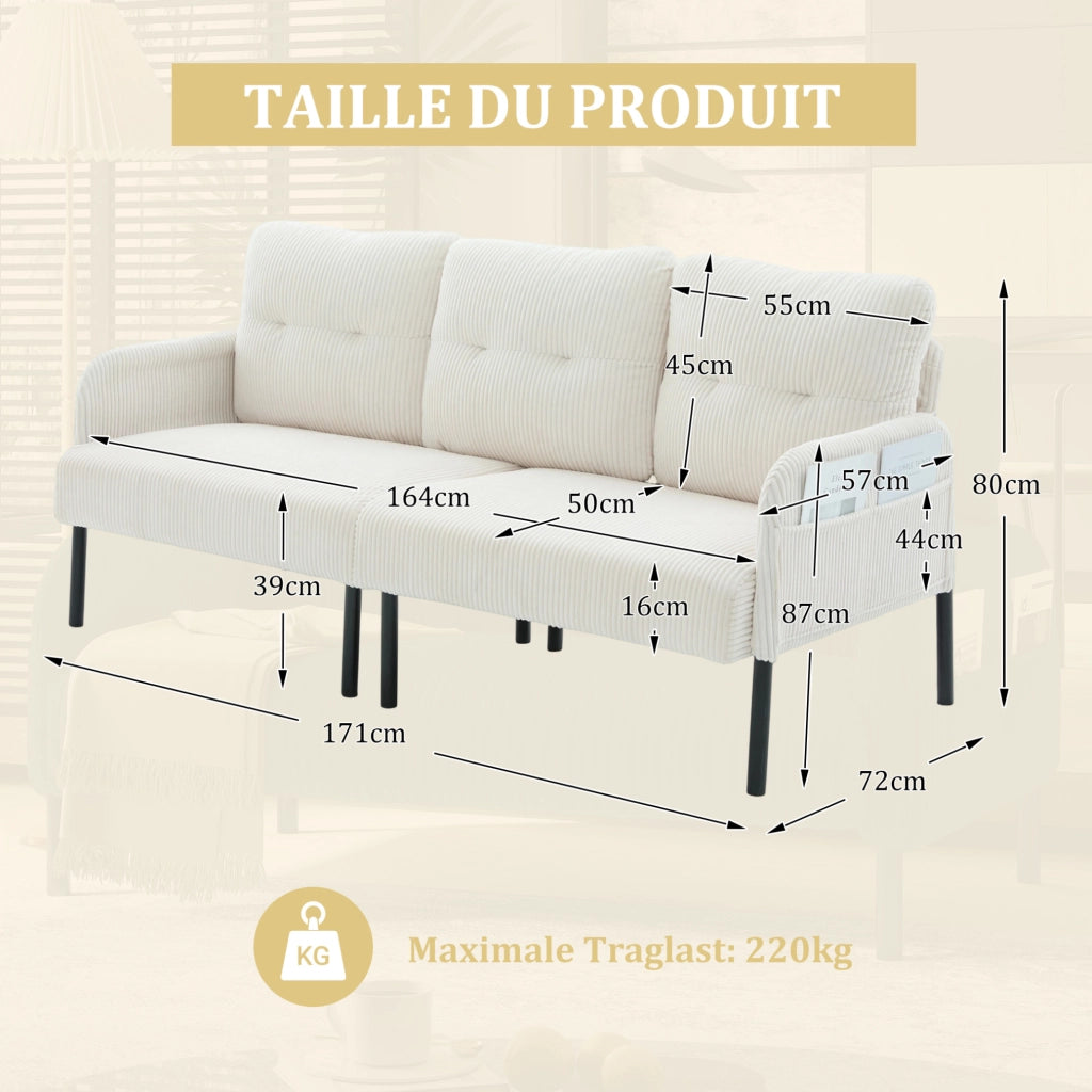 Divano 3 posti in tessuto corduroy beige con tasche laterali; 171 x 72 x 80 cm