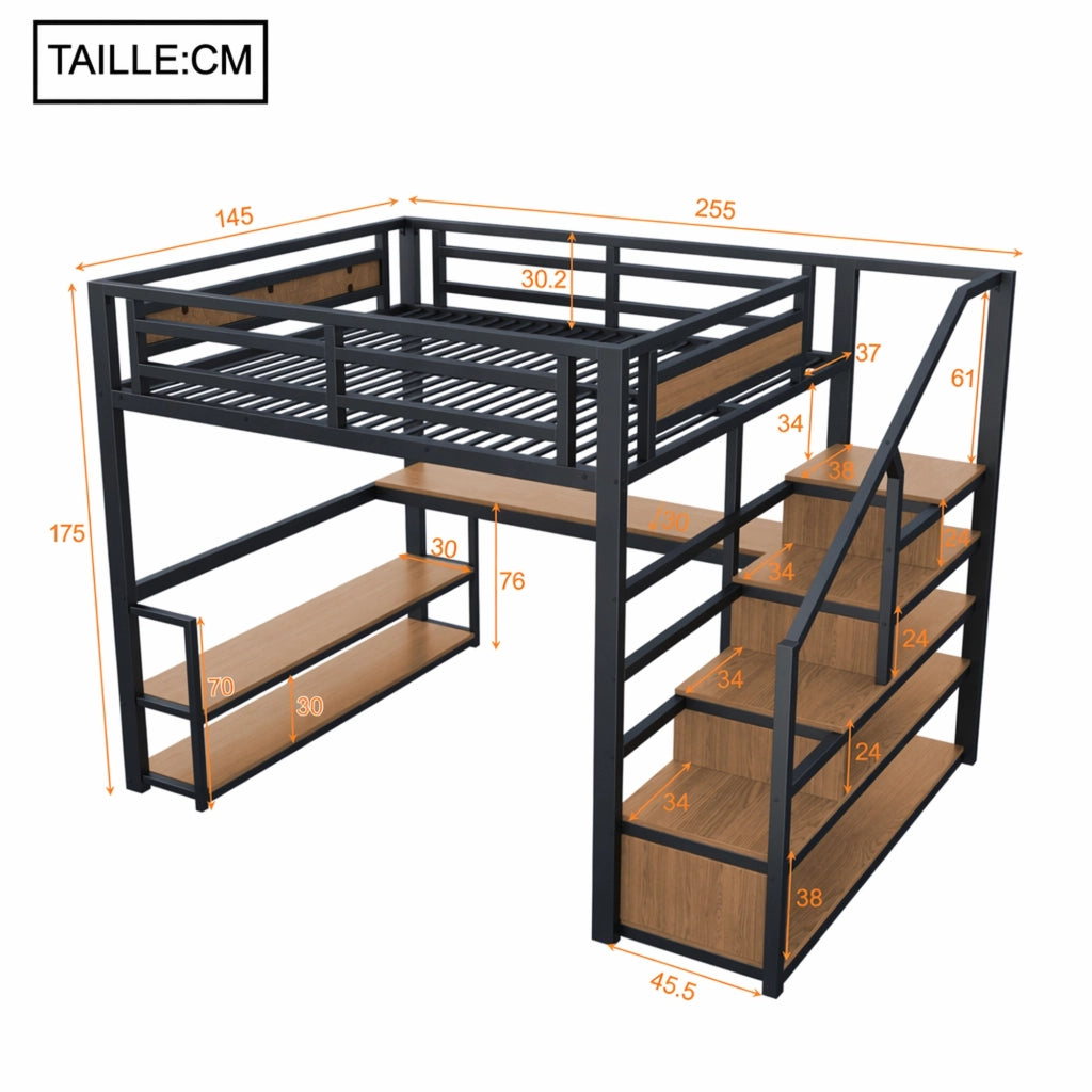 DESMIU Letto a Soppalco 2 Posti con Scala Contenitore, Scaffali e Scrivania 140 × 200 cm, senza materasso, Nero