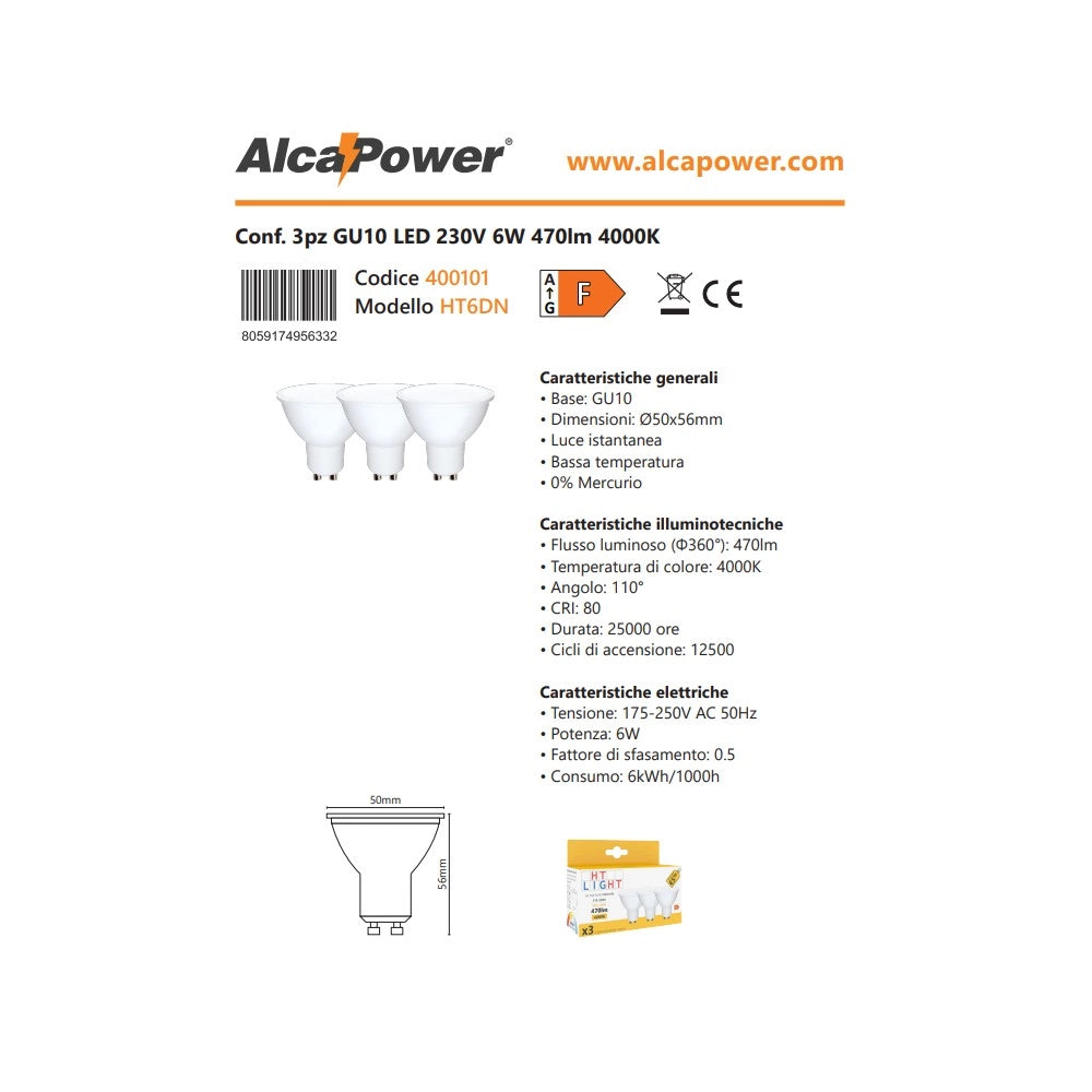 Alca power gu10 6w 175-250v 470lm 4000k lampadina dicroica led box da 3pz
