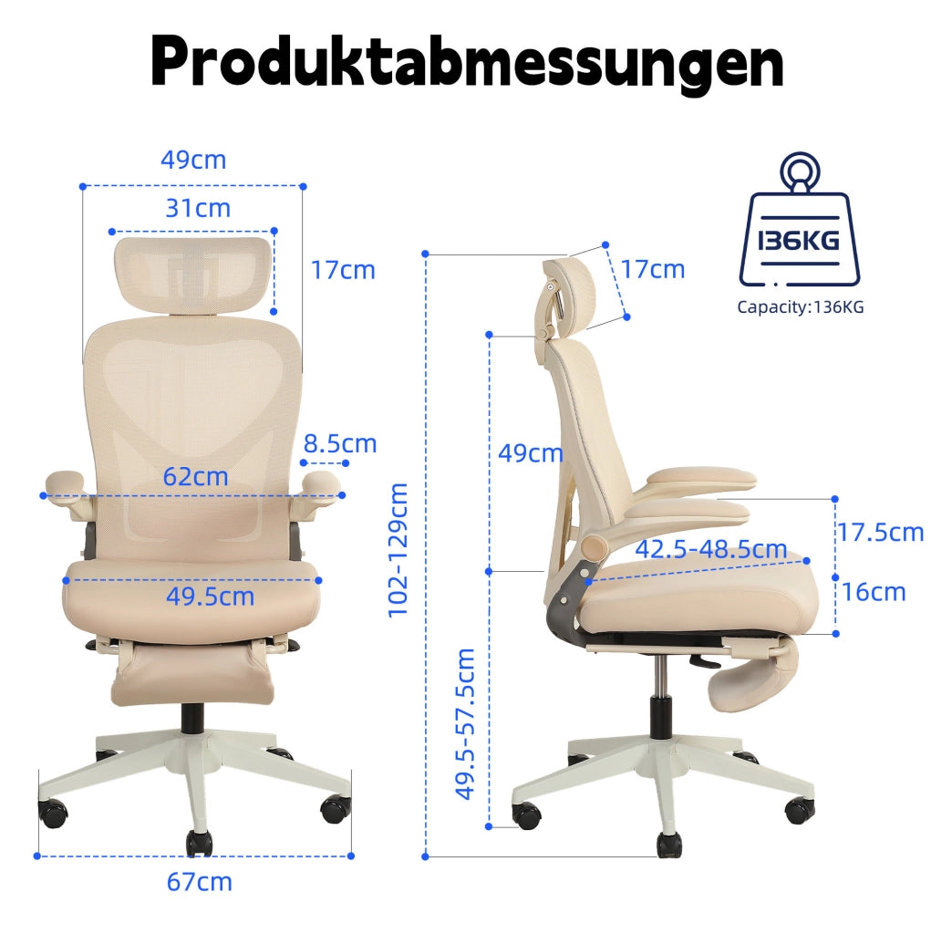 Sedia da Ufficio Ergonomica in Schiuma; Pieghevole con Supporto Lombare; Crema; per Studio