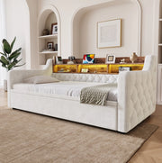 Divano letto 90x190 cm estraibile; testiera contenitore; LED; USB e Type-C in velluto beige