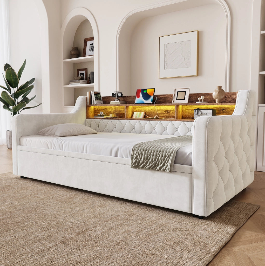 Divano letto 90x190 cm estraibile; testiera contenitore; LED; USB e Type-C in velluto beige