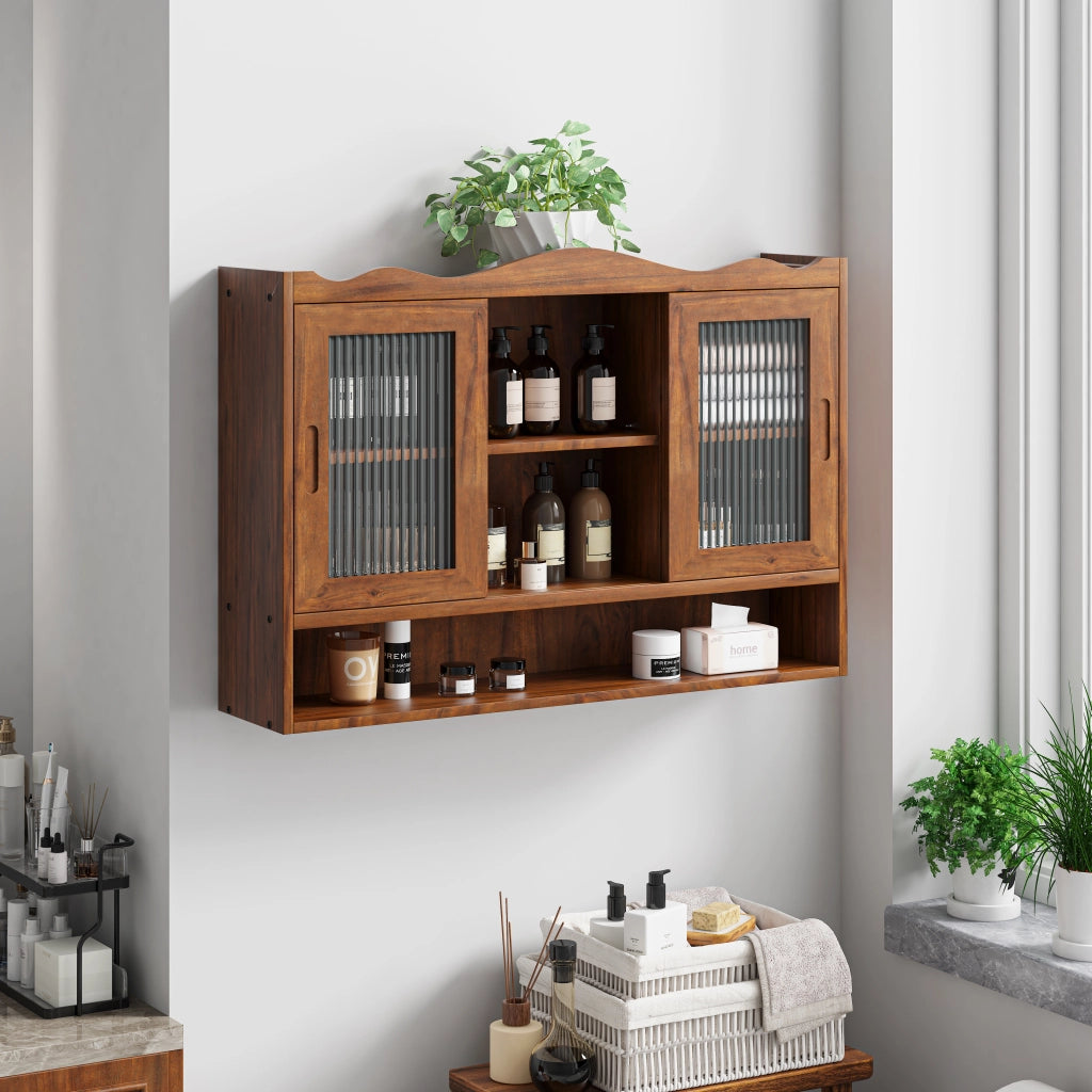 Mobile pensile a 2 ante scorrevoli in legno e vetro, 90 x 20 x 60 cm, marrone