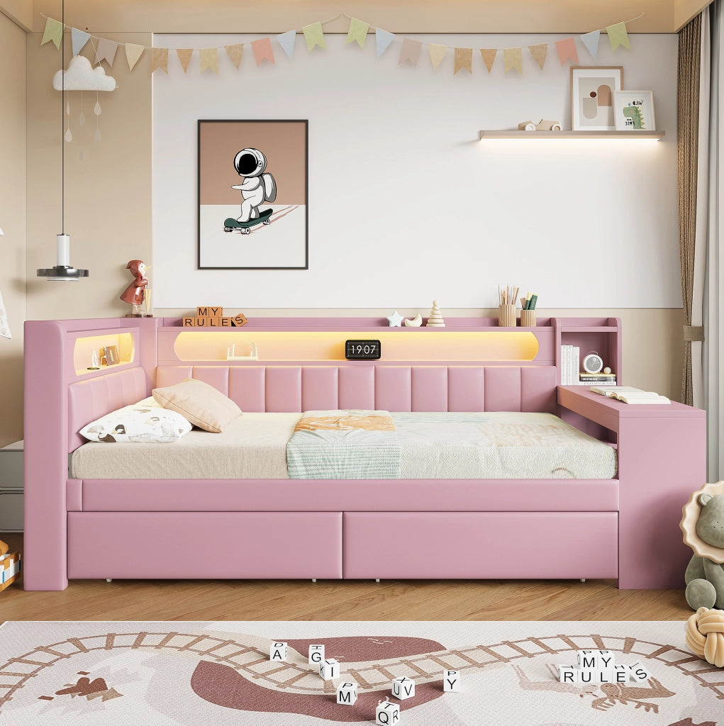 Daybed imbottito 90x200 cm rosa con LED; USB; scrivania integrata e 2 cassetti