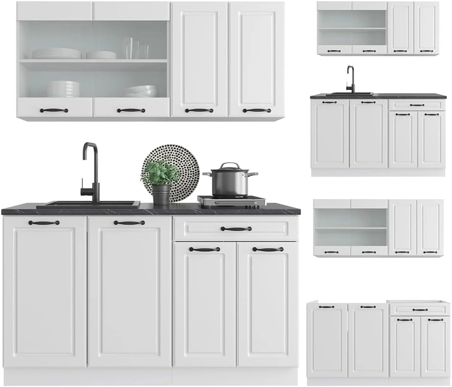 Cucina completa R-Line, Bianco casa di campagna, 140 cm senza piano di lavoro, adatto a spazi piccoli, espandibile in modo modulare