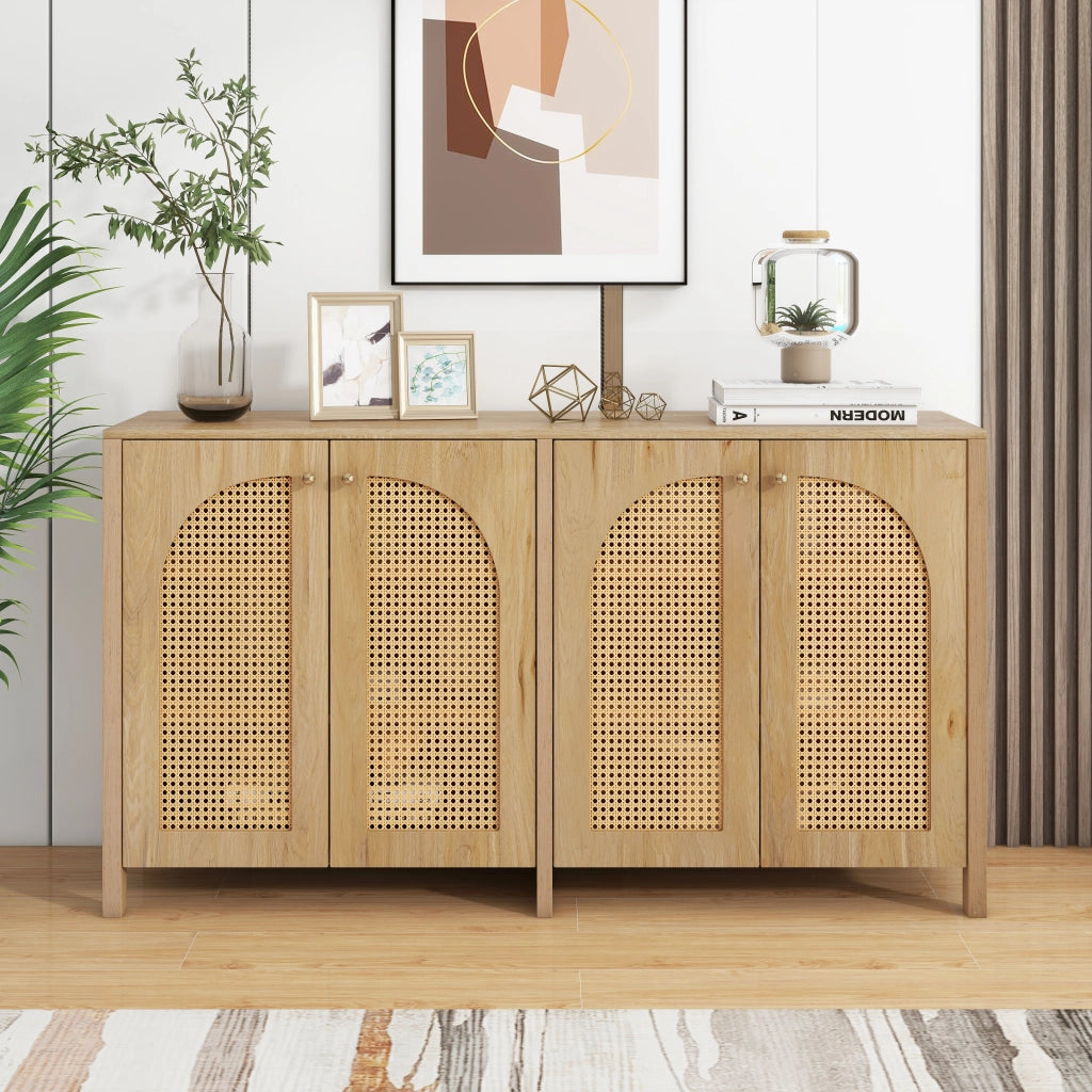 Credenza Moderna con Ante in Rattan e Maniglie in Metallo ¨C MINIMAL ¨C Legno Naturale