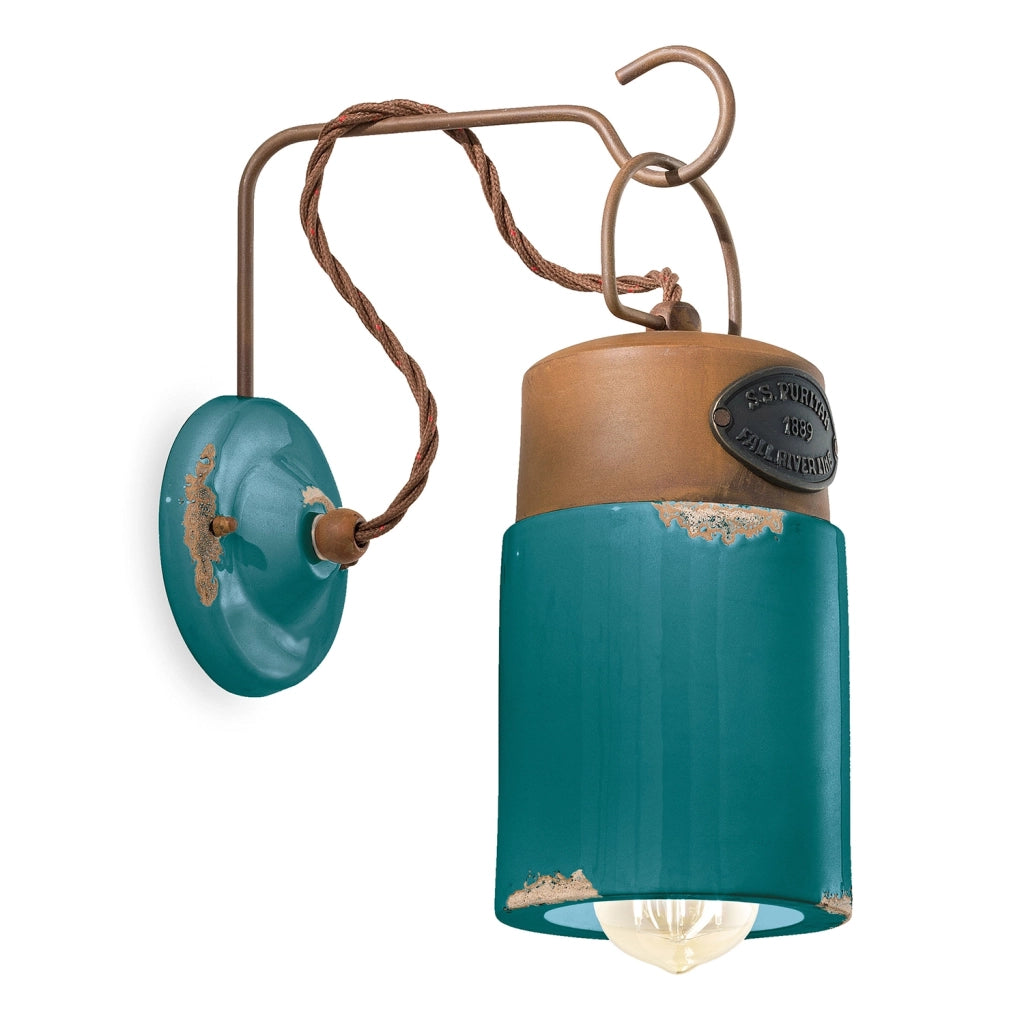 Applique Vintage Industrial Cilindrica Ferro E Ceramica Verde 1 Luce E27