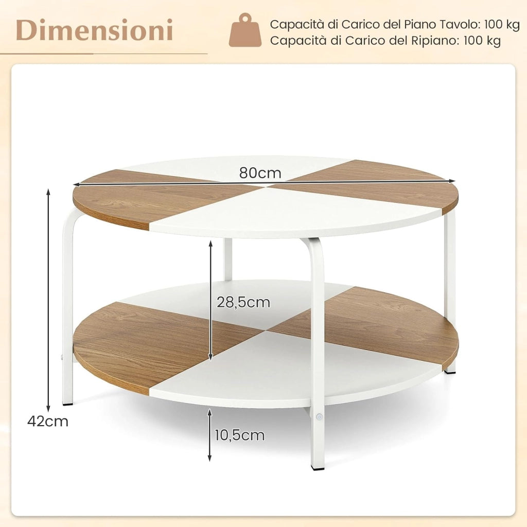 Tavolino da Caffè Rotondo, Tavolino da Salotto a 2 Piani con Struttura in Metallo e Gambe Rialzate, Tavolo da Divano Basso Moderno per Soggiorno e Ufficio, 80 x 80 x 42 cm, Bianco e Naturale