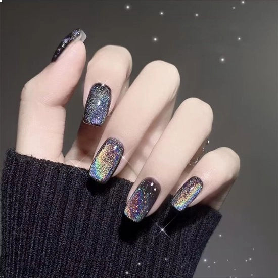 Nageli Acquario 24 pezzi - Druknagels Neri - Design Glitter Lucido - Nageli Acriliche con Adesivo - Nageli Reciclabili in Resina - Incluso Strumento per Lavorare le Unghie