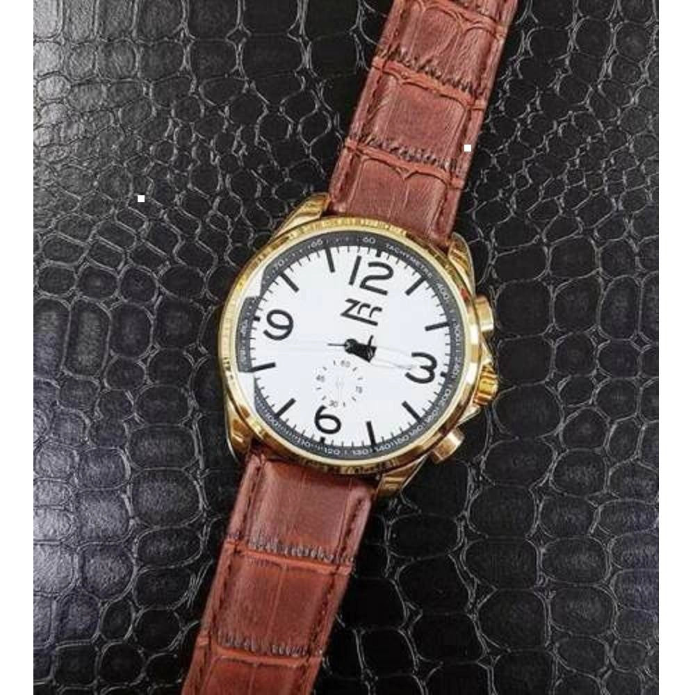 Trade Shop - Orologio Polso Zcc Z001 Uomo Oro Automatico Data Cinturino Pelle Marrone Bianco -