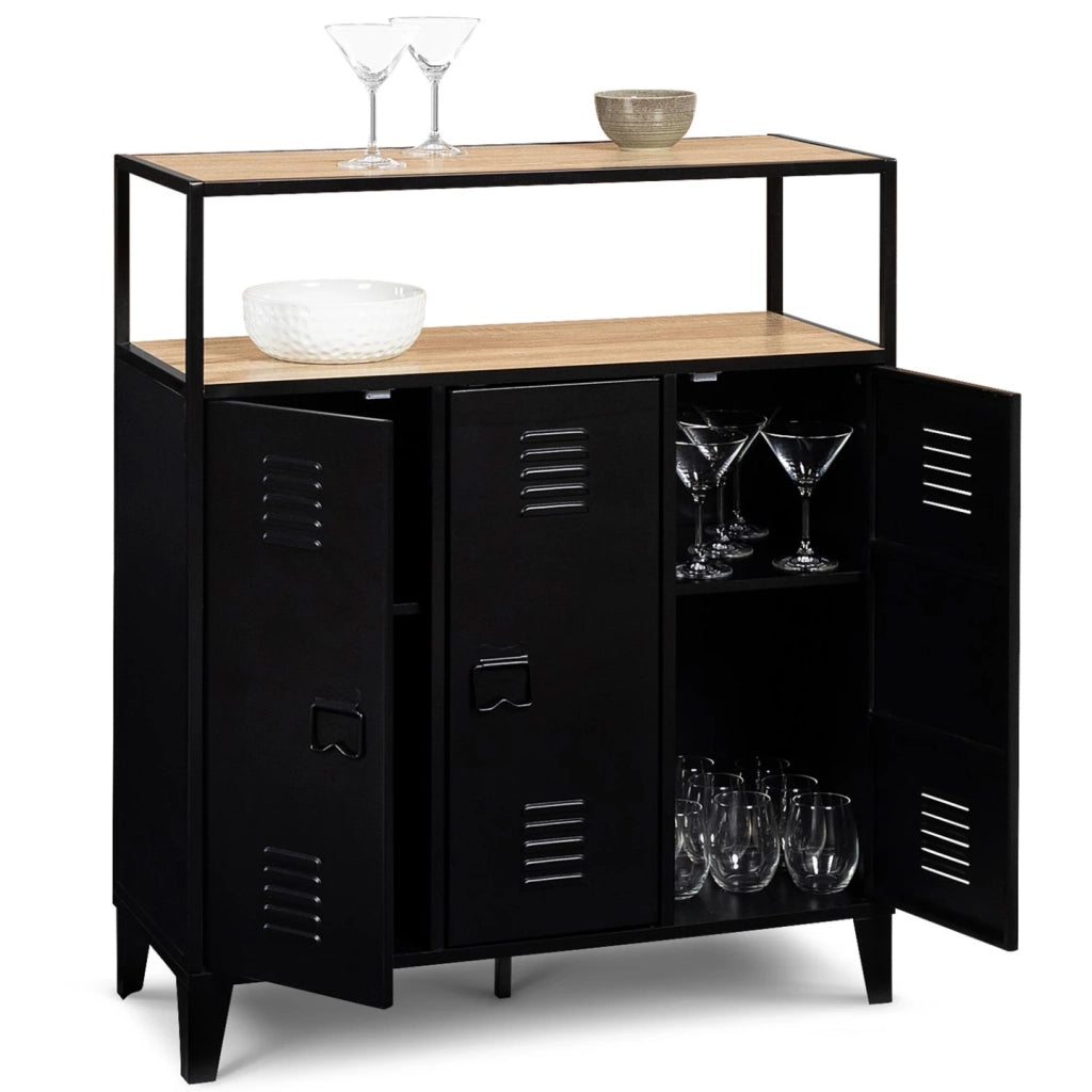 IDMarket - ESTER Buffet da bar a 3 ante in metallo nero con piano in faggio