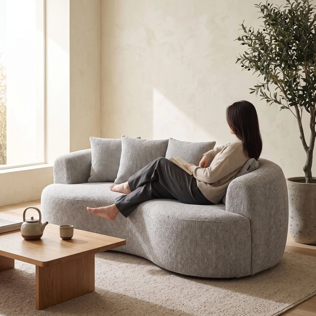 Yoko - Divano Angolare Curvo 200x62x105 a Compressione in Tessuto Bouclé Grigio