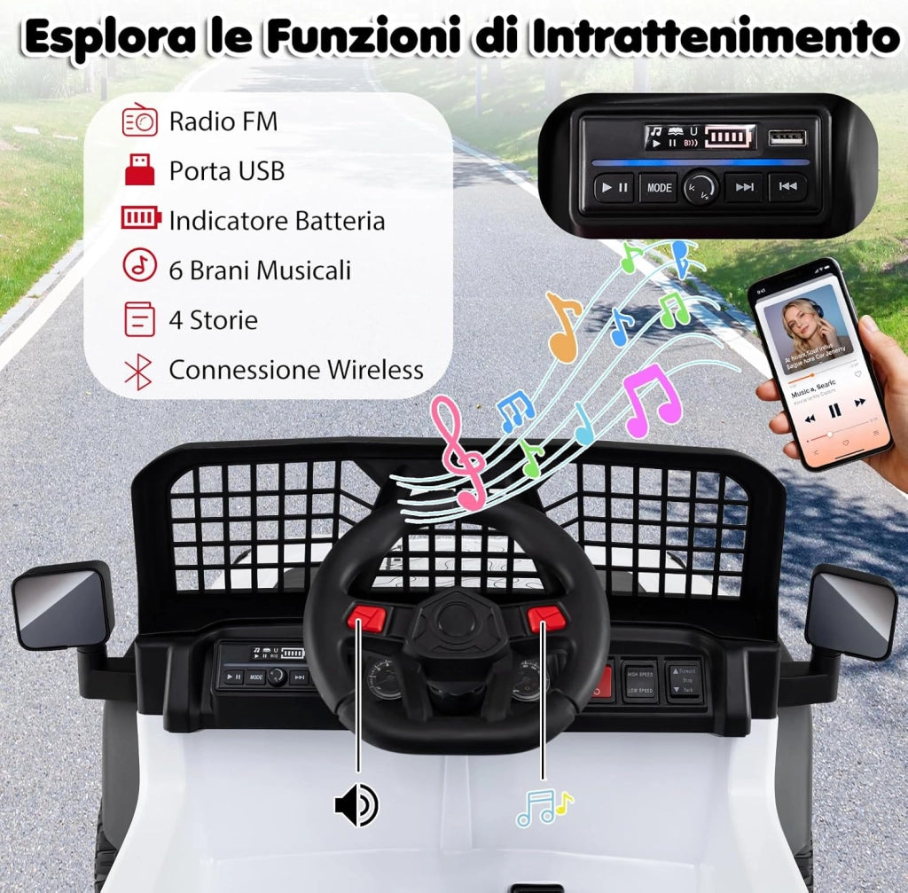 24V Macchina Eletrrica per Bambini, Auto Elettrica con Telecomando Genitori, Musica, Clacson, Fari LED e Sospensioni a Molla, 1,6-4,1 km/h, 3 Anni+ (Bianco)