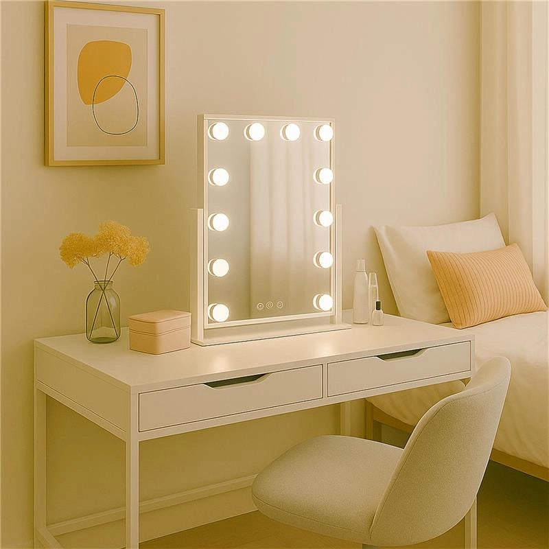 SPECCHIO RETTANGOLARE  HOLLYWOOD DA TAVOLO CON 12 LED CON 3 LUCI REGOLABILI, ACCENSIONE TOUCH CON SPINA DIMENSIONE 30X40 CM