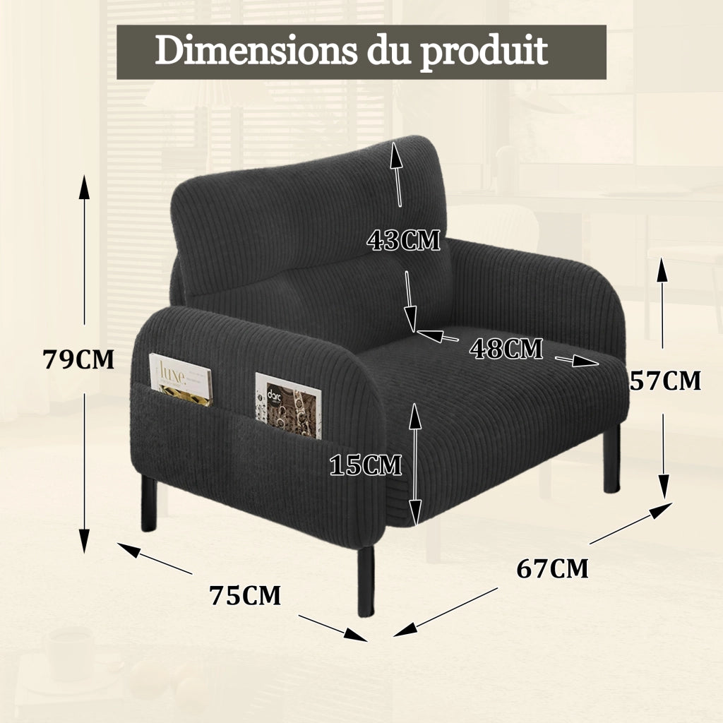 Poltrona con Tasche Laterali e Schienale Ergonomico; Seduta Profonda; in Velluto a Coste Grigio 67 × 75 × 79 cm