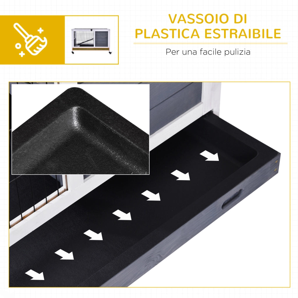 EasyComfort Gabbietta per Conigli e Porcellini d'India Conigliera con 4 Ruote, Casetta, Rampa e Vassoio Rimovibile, Legno Naturale, Grigio e Bianco, 90x53x59 cm