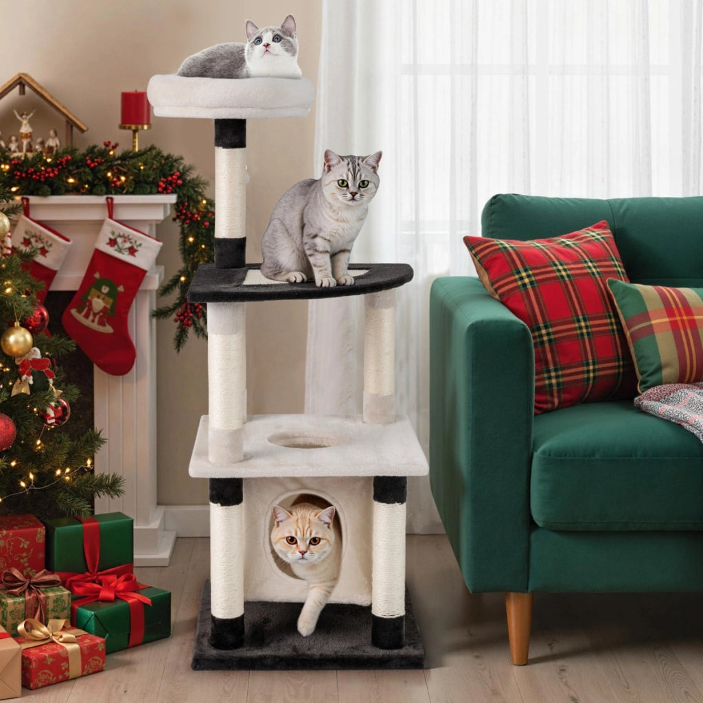 Albero per gatti a pi¨´ livelli torre alta per gatti con tiragraffi in sisal e tavole-Albero per gatti posatoio imbottito in cima Beige