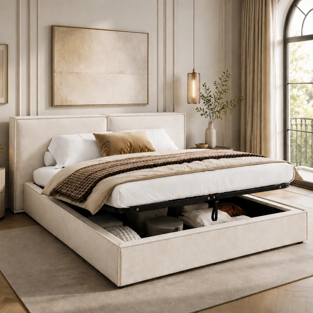 Letto matrimoniale 180x200 cm con contenitore idraulico, rete a doghe, testiera imbottita in Chenille beige