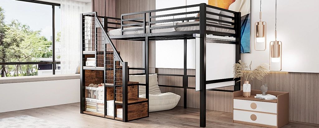Letto Singolo a Soppalco con Scala di Sicurezza 90x200 cm in Ferro Nero con Area Ripostiglio per Ragazzi e Bambini