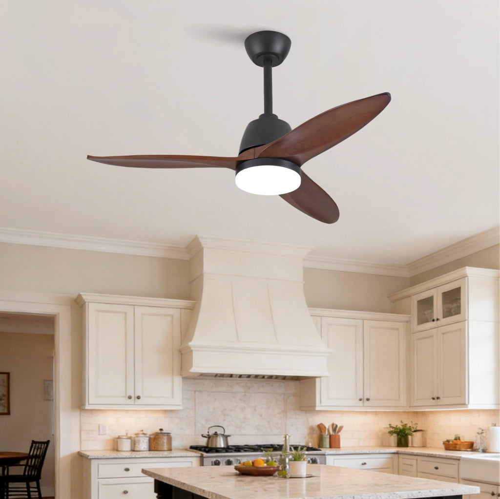 Ventilatore da soffitto moderno 42 pollici con LED; 3 pale in legno massello; nero e noce scuro