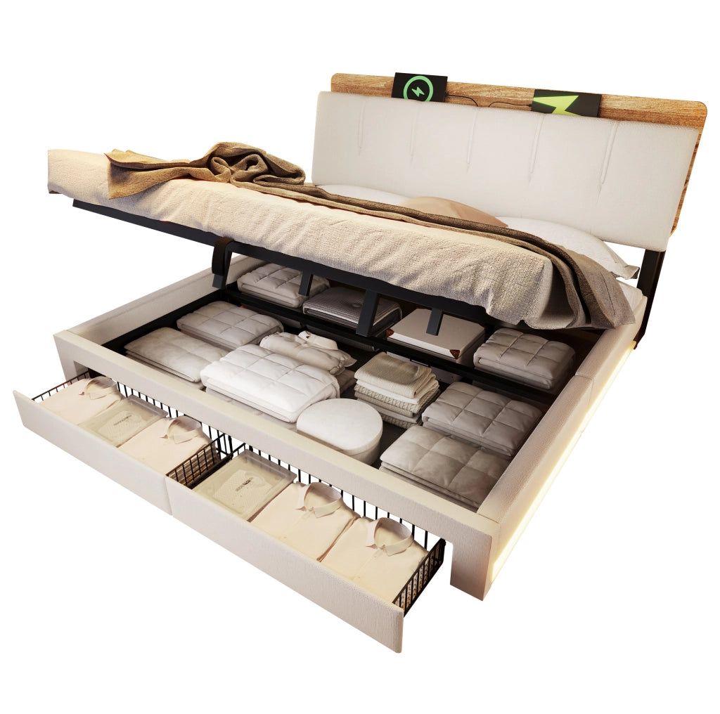 Letto matrimoniale imbottito 180x200 cm in lino beige con contenitore; USB e LED