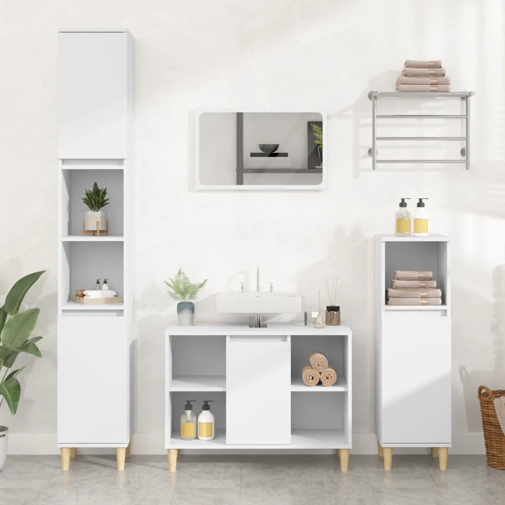 Set Mobili da Bagno | Armadio da bagno 3 pz Bianco in Legno Multistrato