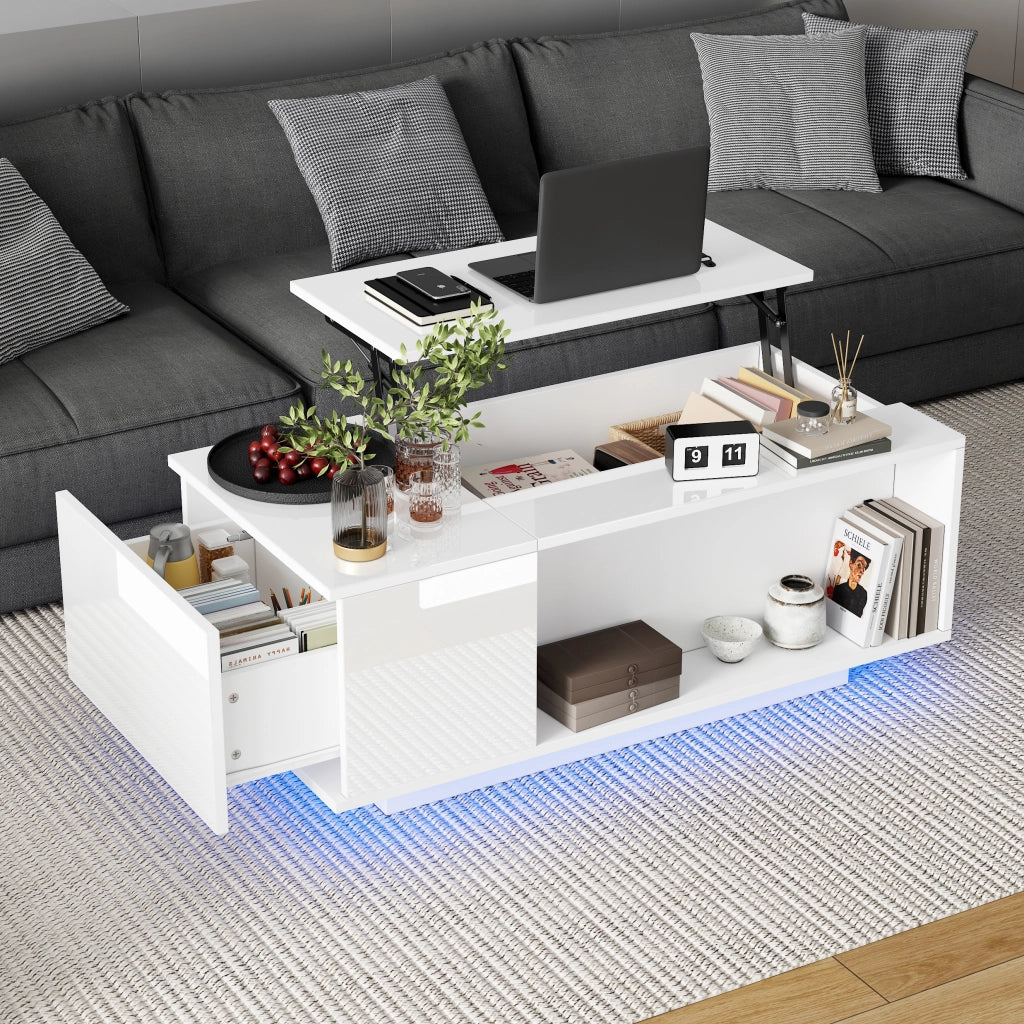 TAVOLINO da salotto 100x50x40 cm bianco in pannello di legno con piano sollevabile e LED