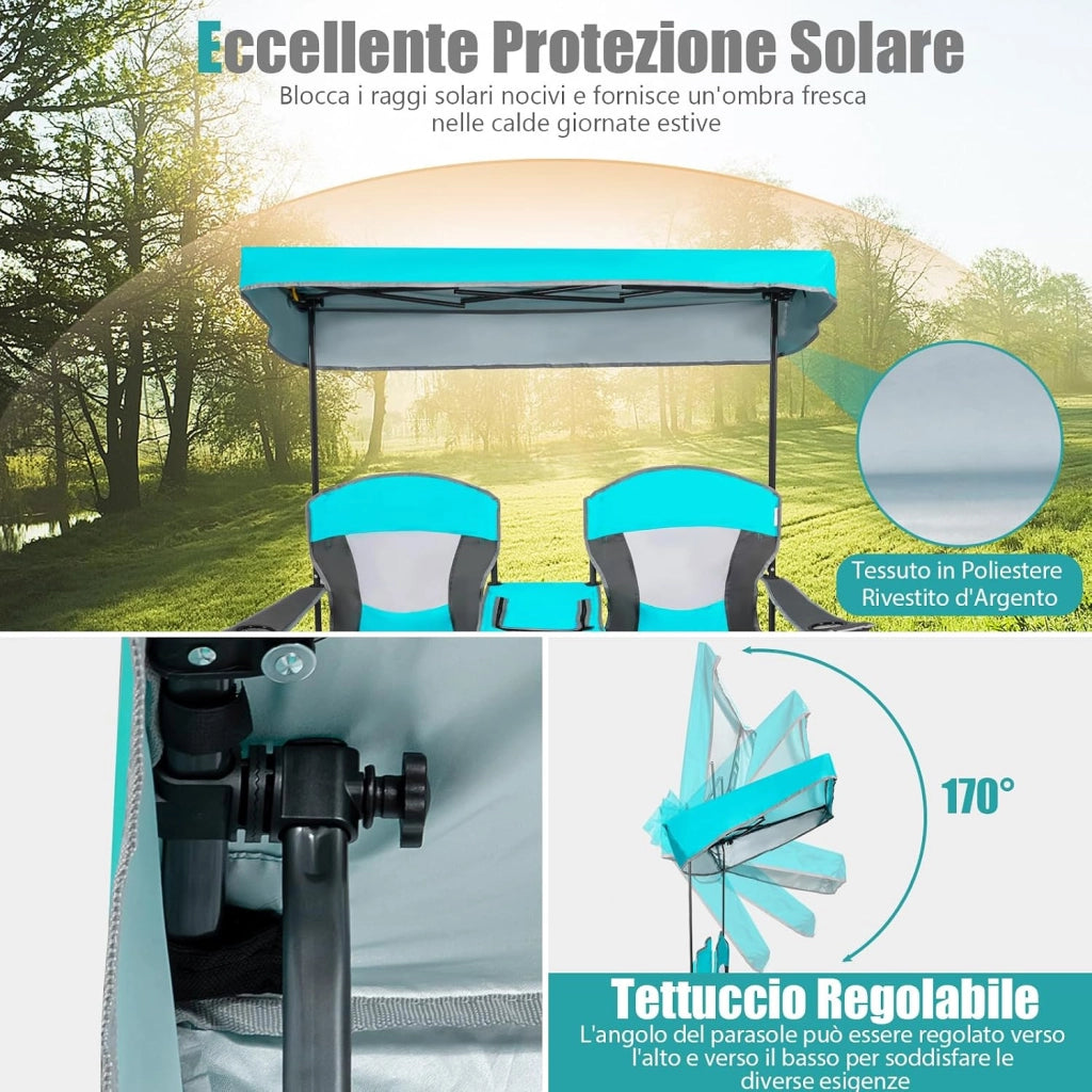 Sedie da Campeggio Pieghevoli, Panchina da Picnic a 2 Posti Regolabile con Tettoia, Sedia Portatile e Pieghevole per Campeggio, Spiaggia, Giardino (Blu Marino)