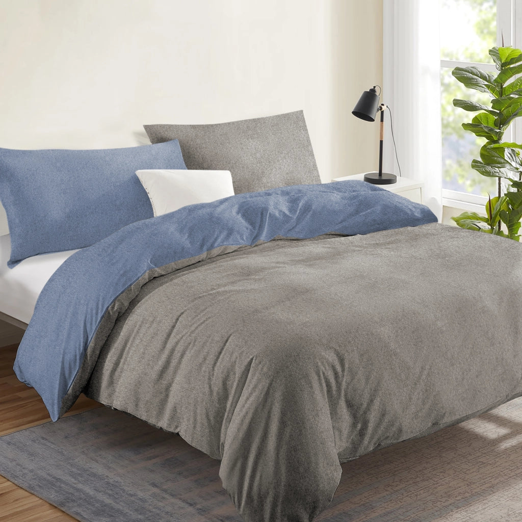 Copripiumino In Flanella Di Cotone Felpato Bicolore Sacco E Federe Bicolore Double Face Trattamento Antipilling No Pallini Effetto Tinto In Filo Morbido Caldo Inverno Blu-Tortora - Singolo