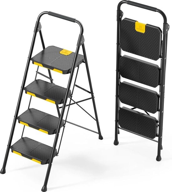 Ladder a 4 gradini pieghevole con pedale antiscivolo e maniglie Peso leggero scala per cucina, soggiorno, armadi e ufficio