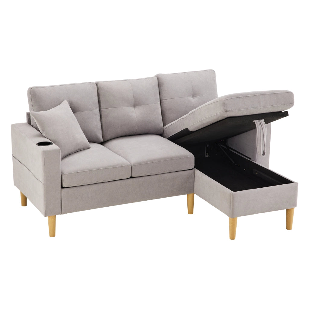 OKWISH Divano con Chaise Longue Reversibile 3 Posti, con Contenitore, Portabicchieri e 2 Cuscini, Cotone Lino, Grigio Chiaro