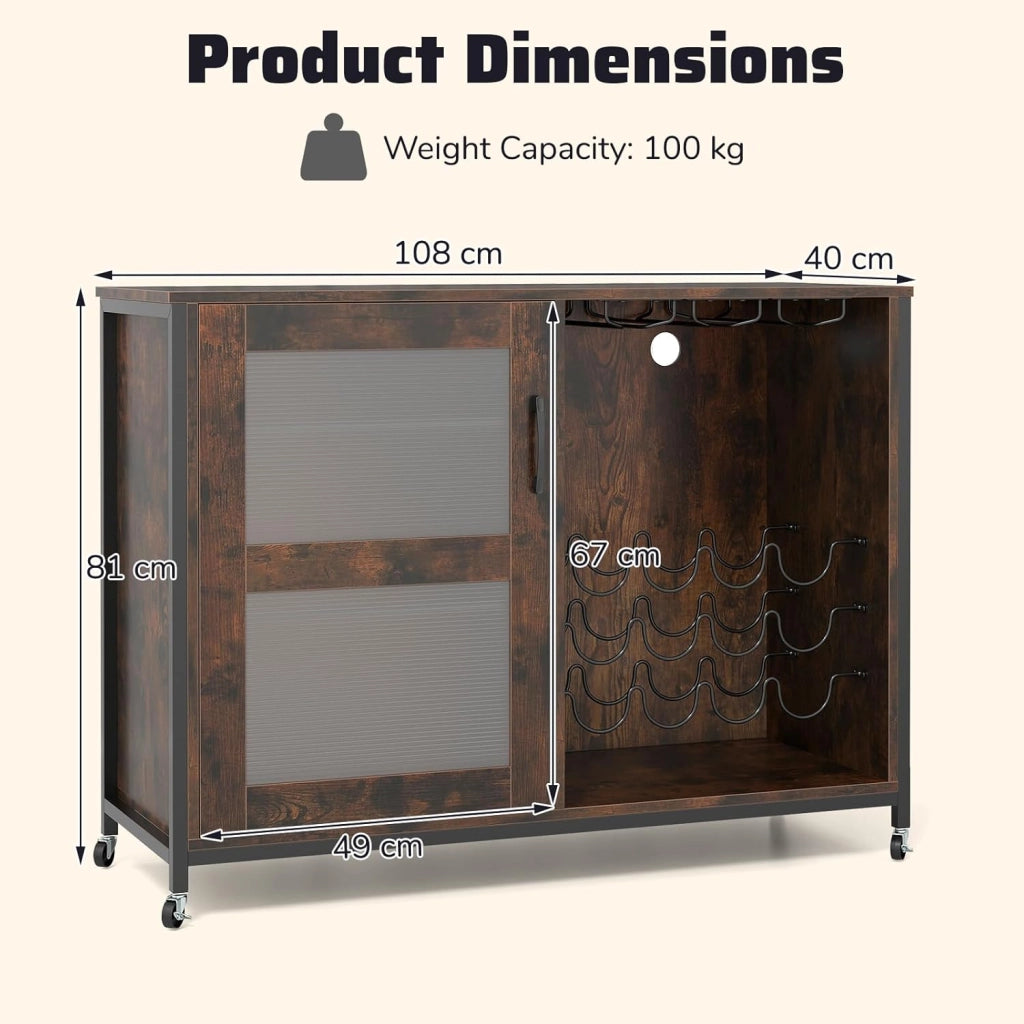 Armadietto per vino con illuminazione, armadio da bar con ruote, armadietto per vino e porta vetro, cucina con ripiani regolabili, credenza industriale