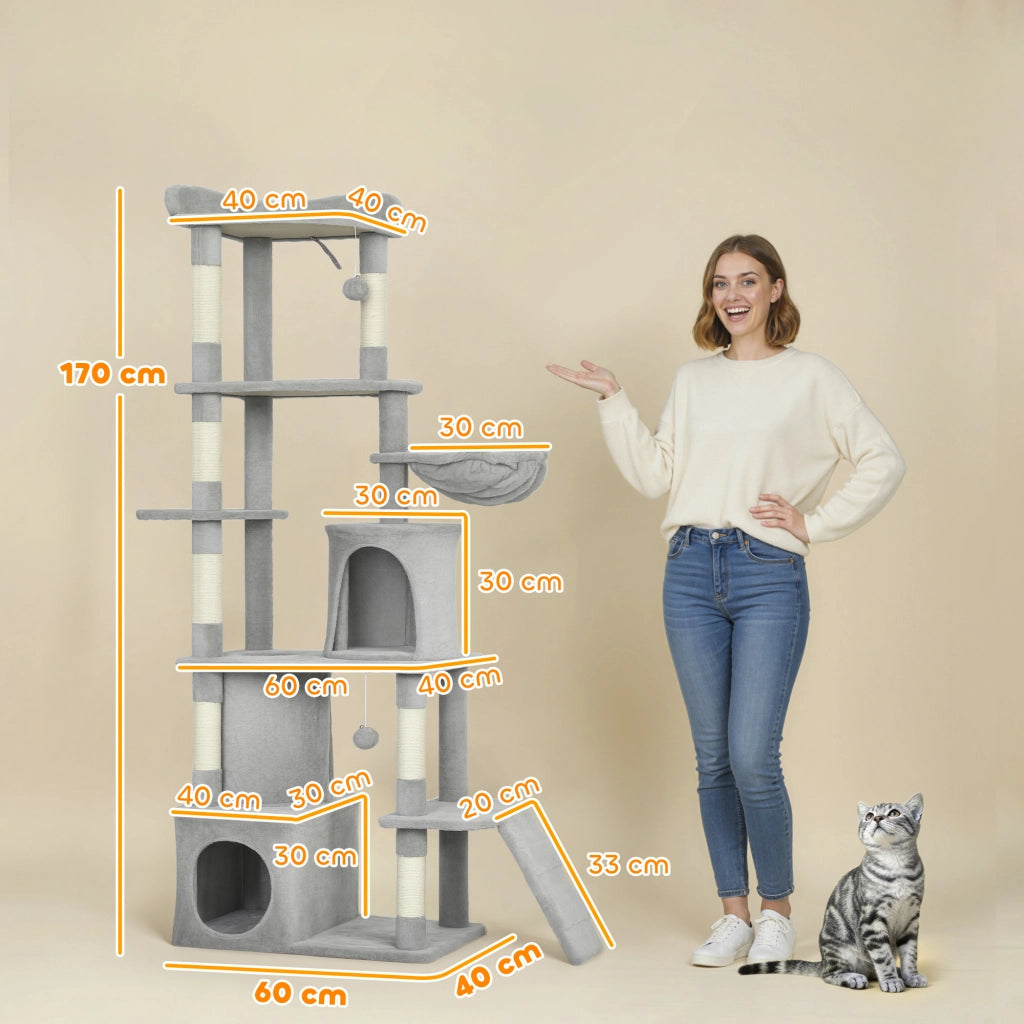 Albero Tiragraffi per Gatti con Casette, Amaca e Tunnel ¨C Zephmum ¨C Grigio 60x40x170 cm