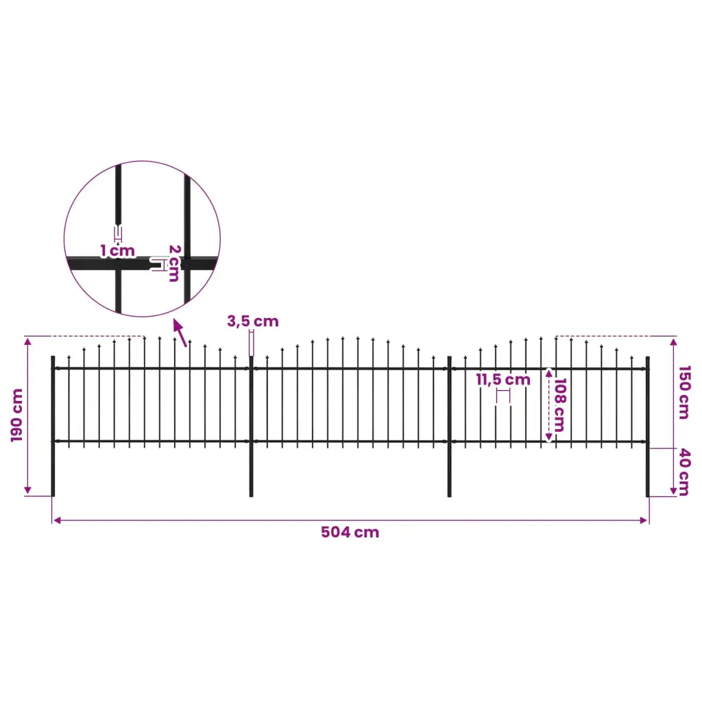 Recinzione da Giardino con Punta a Lancia in Acciaio 504x150 cm Nero 277732