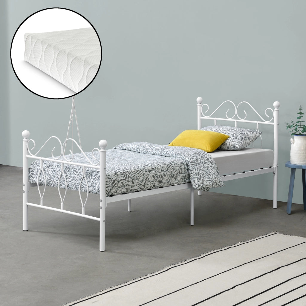 Struttura Letto Singolo in Metallo con Testiera e Pediera in Stile Romantico/Classico con Materasso 90 x 200 cm Letto 1 Piazza - Bianco