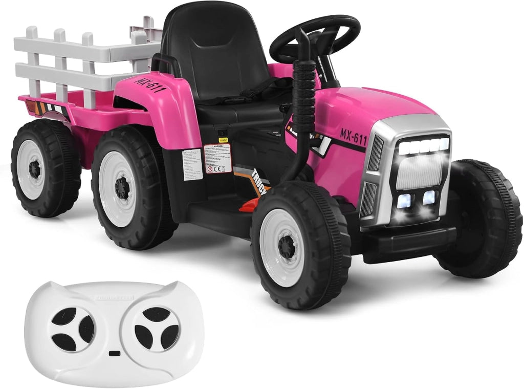 Trattore Elettrico per Bambini 12V con Rimorchio Rimovibile, Trattore Cavalcabile con Telecomando e Pedale Acceleratore, Veicolo con Multimedia, Clacson e Luci, Carico 30 kg (Rosa)