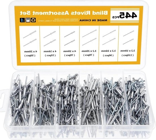 Assortimento di 445 pezzi di chiodi a clip in alluminio per fissaggio blindato con 6 dimensioni - autoimpiantabili e con testa che si tira - chiusura a clip - kit di chiodi a clip