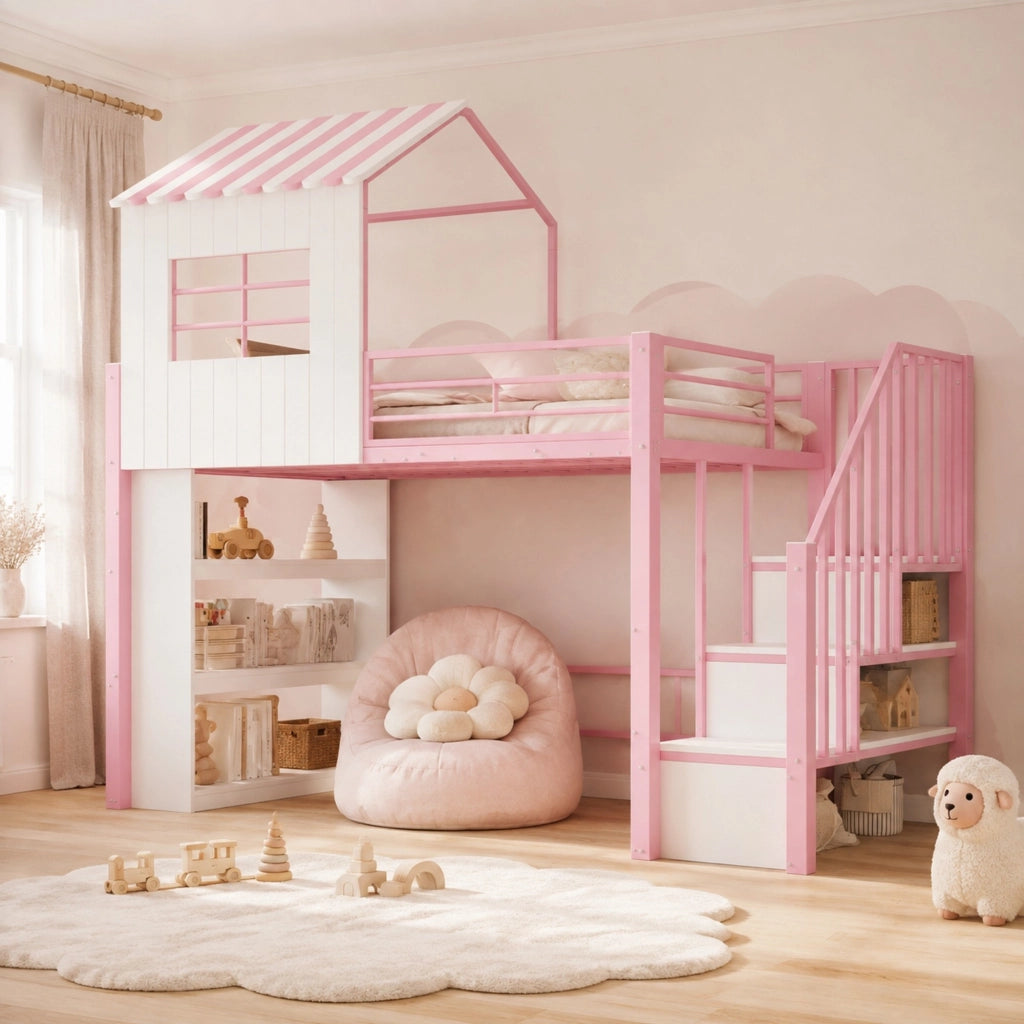 Letto a soppalco multifunzione 90x200 cm con scala contenitore e ripiani; rosa
