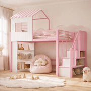 Letto a soppalco multifunzione 90x200 cm con scala contenitore e ripiani; rosa