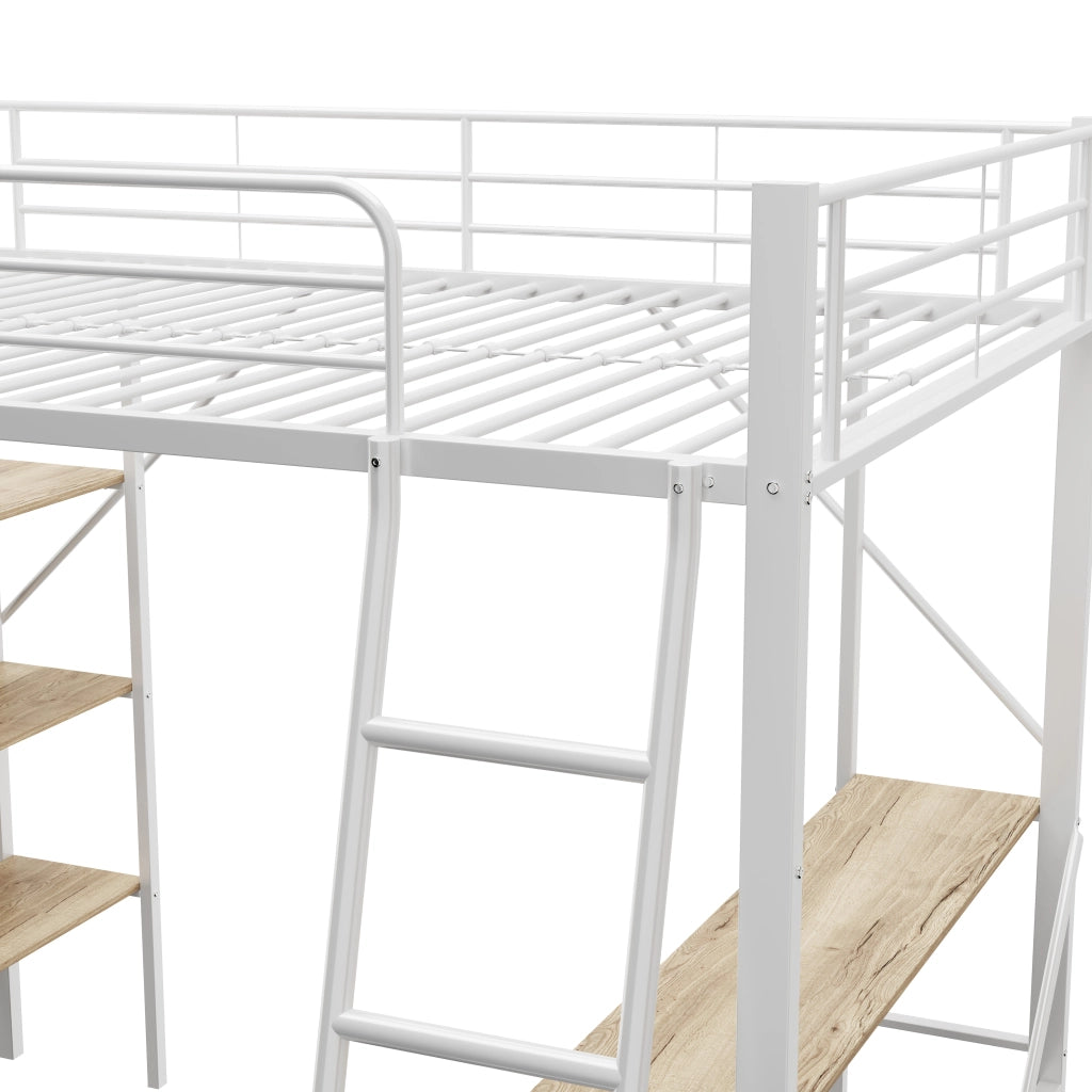 Letto a soppalco; Letto singolo con scrivania e 3 ripiani; 90×200 cm; senza materasso; metallo e MDF; Bianco