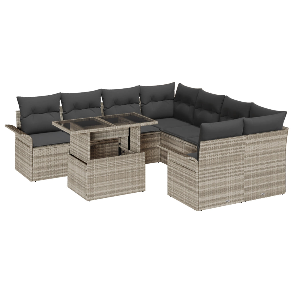Set Divani Giardino 9 Pezzi con Cuscini Grigio Chiaro in Rattan Polietilene