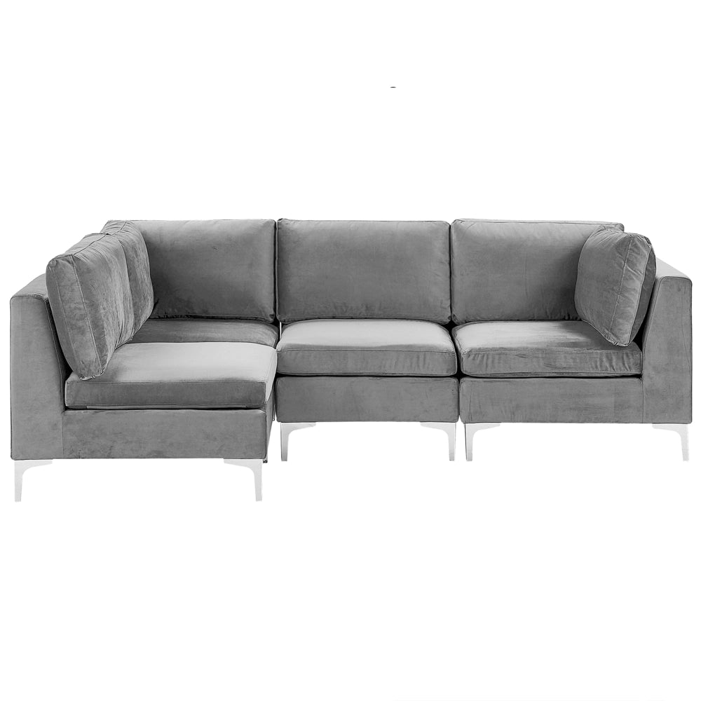 Divano componibile ad angolo versione destra in velluto grigio 4 posti a forma di L con gambe in metallo argento stile glamour
