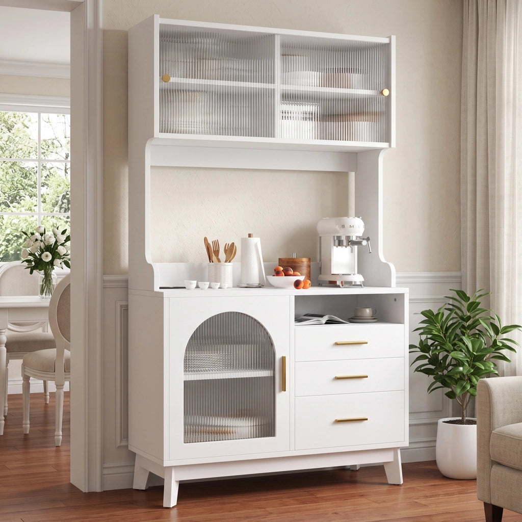 Credenza e madia con 2 prese e porte USB-A e USB-C, per cucina e sala da pranzo, bianco, 100,5 × 40 × 178 cm