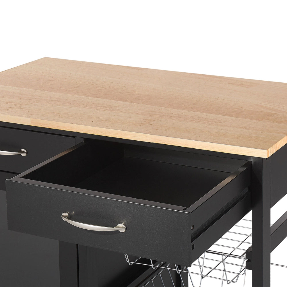 Carrello Cucina Legno Pino Nero 2 Cassetti 1 Mobiletto 2 Scaffali Ruote Soggiorno