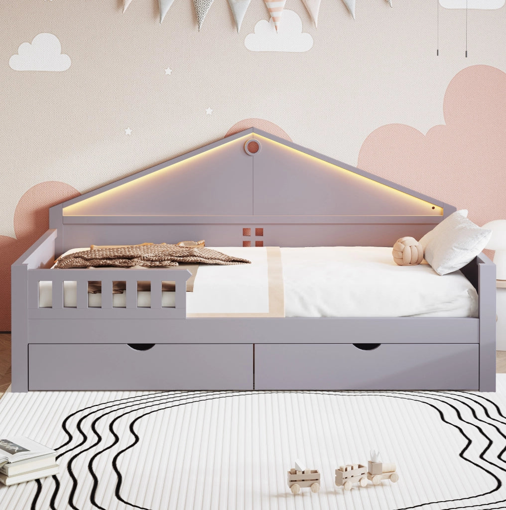 Letto singolo multifunzione 90x200 cm con LED e cassetti grigio