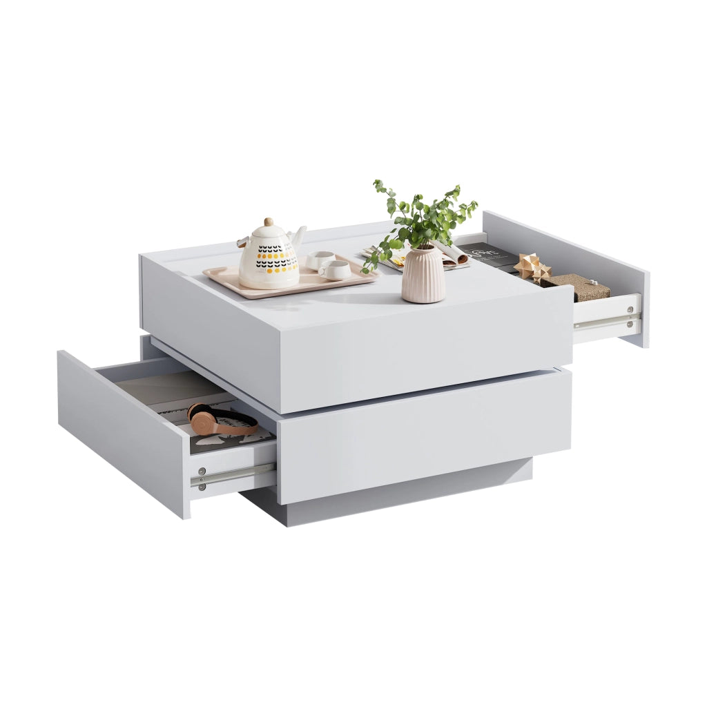 TAVOLINO DA CAFFÈ Girevole 360° 60x60x38 cm Bianco con 2 cassetti