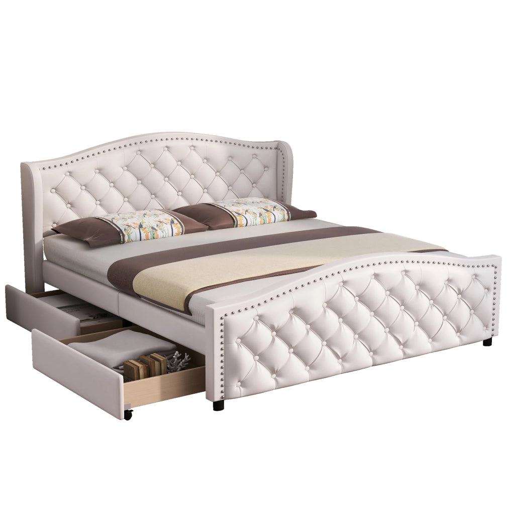 Letto matrimoniale imbottito 160x200 cm con rete a doghe e 2 cassetti; PU bianco