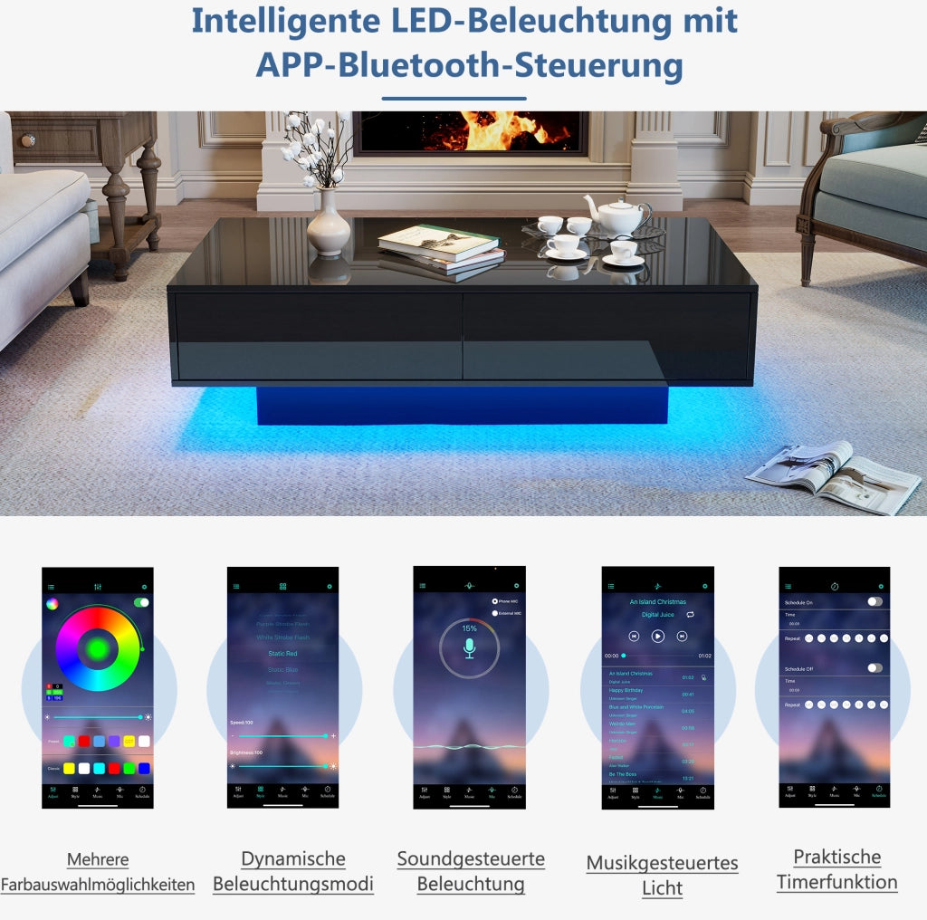 Tavolino da salotto nero lucido con LED e due cassetti